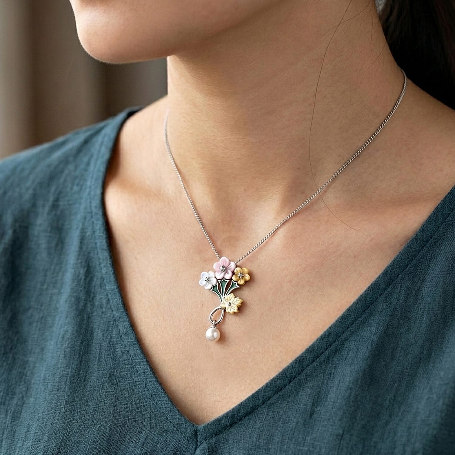 D'Joy Jardin Collection - Pink Mother Of Pearl & Multi Gemstone Floral Drop Pendant with Chain (Size 18) in Rhodium Overlay Sterling Silver