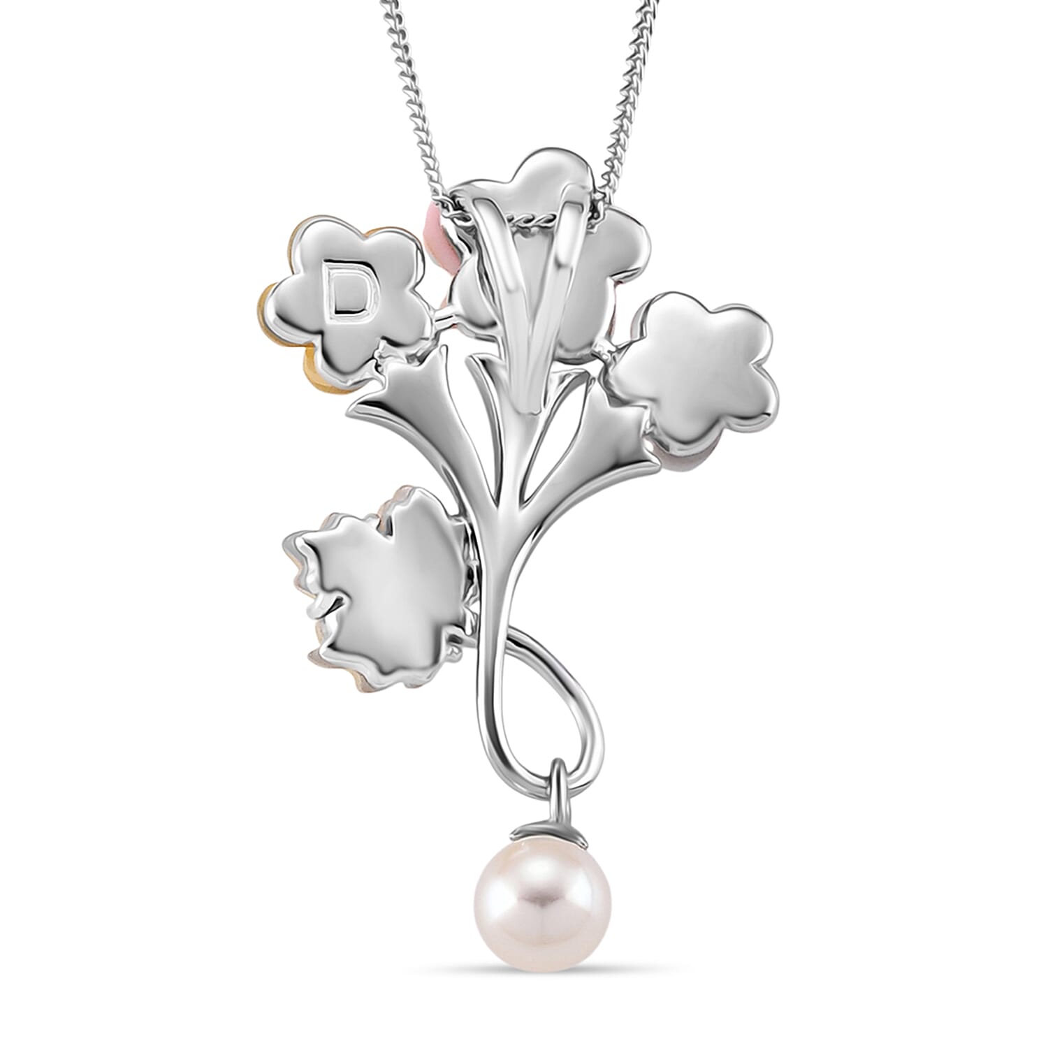 D'Joy Jardin Collection - Pink Mother Of Pearl & Multi Gemstone Floral Drop Pendant with Chain (Size 18) in Rhodium Overlay Sterling Silver