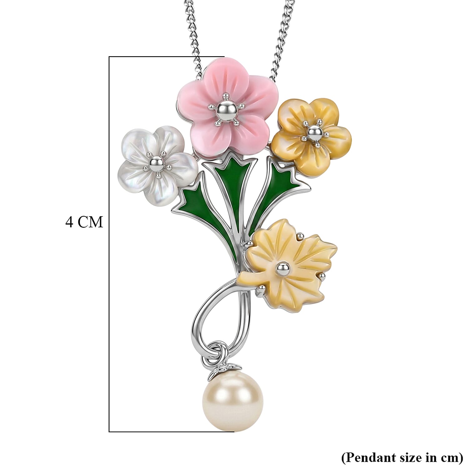 D'Joy Jardin Collection - Pink Mother Of Pearl & Multi Gemstone Floral Drop Pendant with Chain (Size 18) in Rhodium Overlay Sterling Silver