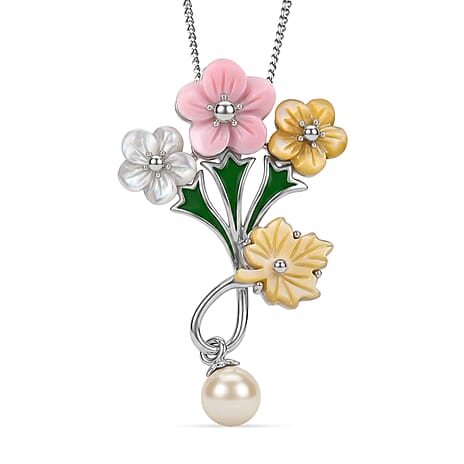 Pink Mother Of Pearl & Multi Gemstone Floral Drop Pendant with Chain (Size 18) in Rhodium Overlay Sterling Silver 7.40 Ct.