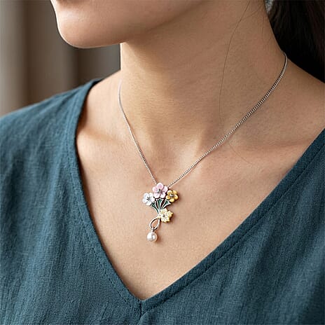 Pink Mother Of Pearl & Multi Gemstone Floral Drop Pendant with Chain (Size 18) in Rhodium Overlay Sterling Silver 7.40 Ct.