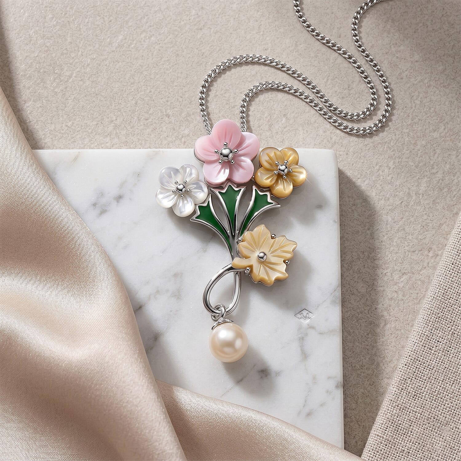 Pink Mother Of Pearl & Multi Gemstone Floral Drop Pendant with Chain (Size 18) in Rhodium Overlay Sterling Silver 7.40 Ct.