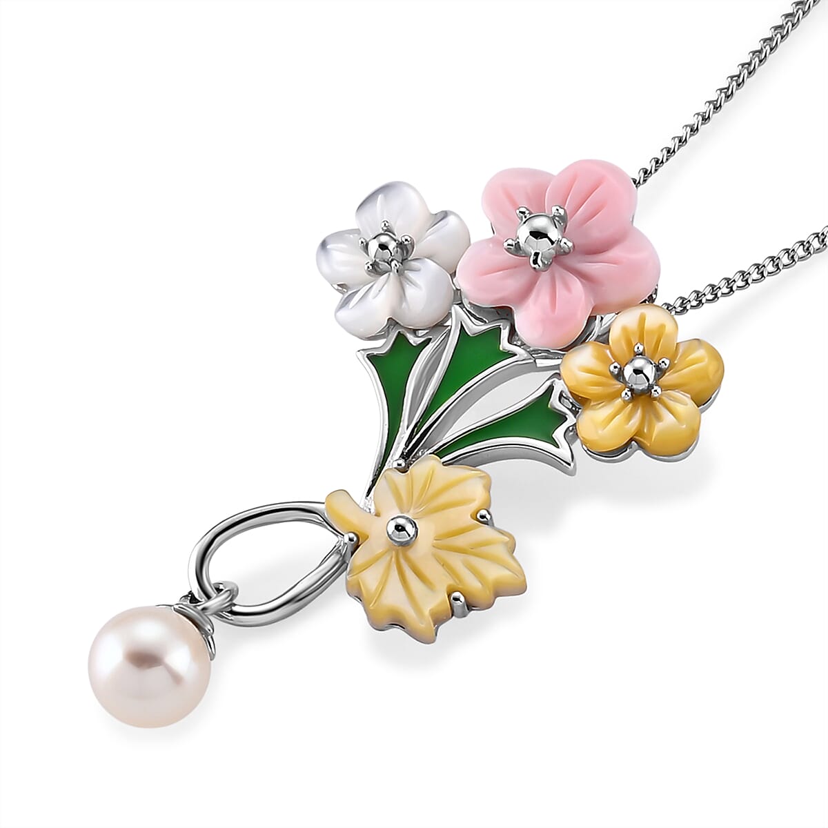 Pink Mother Of Pearl & Multi Gemstone Floral Drop Pendant with Chain (Size 18) in Rhodium Overlay Sterling Silver 7.40 Ct.