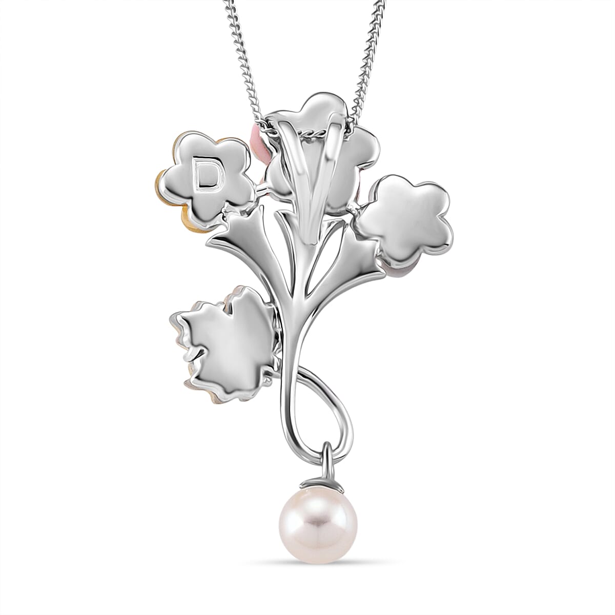 Pink Mother Of Pearl & Multi Gemstone Floral Drop Pendant with Chain (Size 18) in Rhodium Overlay Sterling Silver 7.40 Ct.