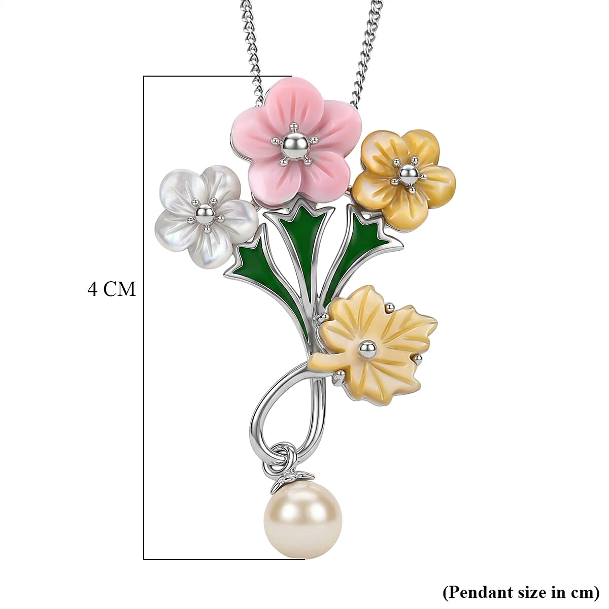 Pink Mother Of Pearl & Multi Gemstone Floral Drop Pendant with Chain (Size 18) in Rhodium Overlay Sterling Silver 7.40 Ct.