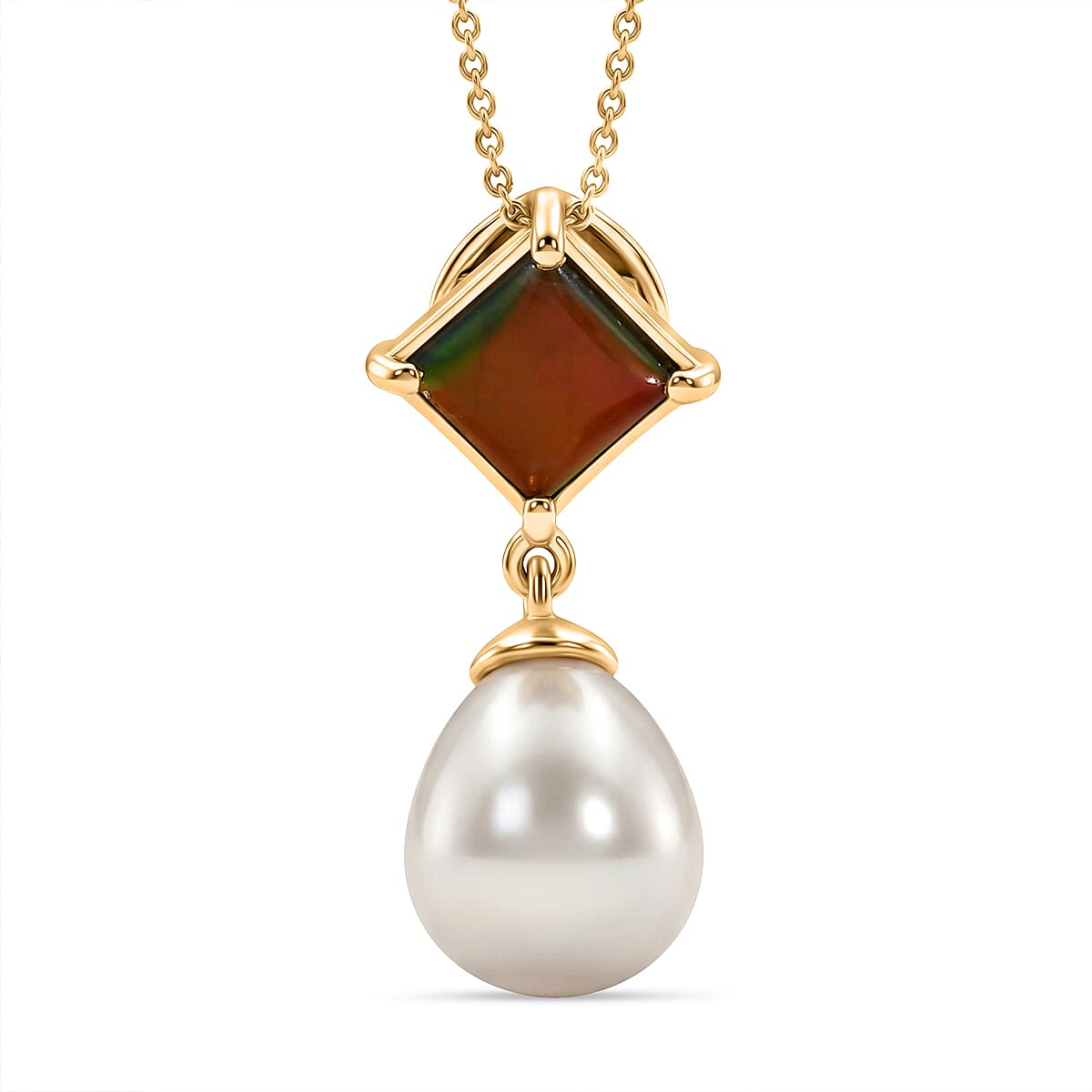 D'Joy - Ammolite & Fresh Water Pearl Drop Pendant with Chain (Size 20) in 18K Vermeil Yellow Gold Plated Sterling Silver 10.70 Ct.