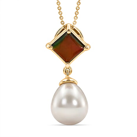 D'Joy - Ammolite & Fresh Water Pearl Drop Pendant with Chain (Size 20) in 18K Vermeil Yellow Gold Plated Sterling Silver 10.70 Ct.