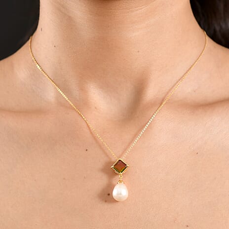 D'Joy - Ammolite & Fresh Water Pearl Drop Pendant with Chain (Size 20) in 18K Vermeil Yellow Gold Plated Sterling Silver 10.70 Ct.