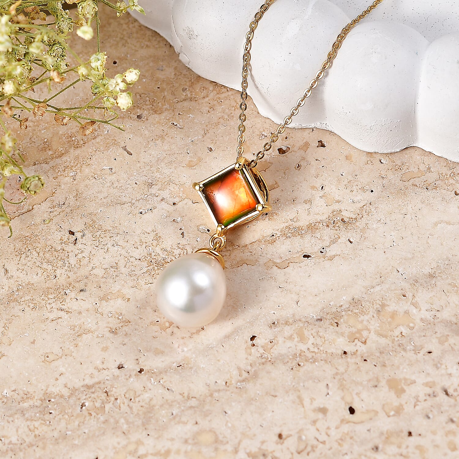 D'Joy - Ammolite & Fresh Water Pearl Drop Pendant with Chain (Size 20) in 18K Vermeil Yellow Gold Plated Sterling Silver 10.70 Ct.