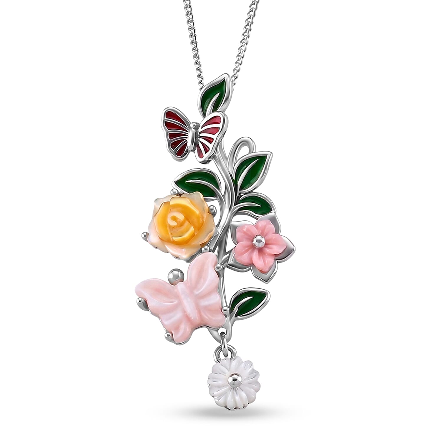 D'Joy Jardin Collection - Yellow Mother of Pearl & Multi Gemstone Floral Butterfly Pendant with Chain (Size 18) in Rhodium Overlay Sterling Silver