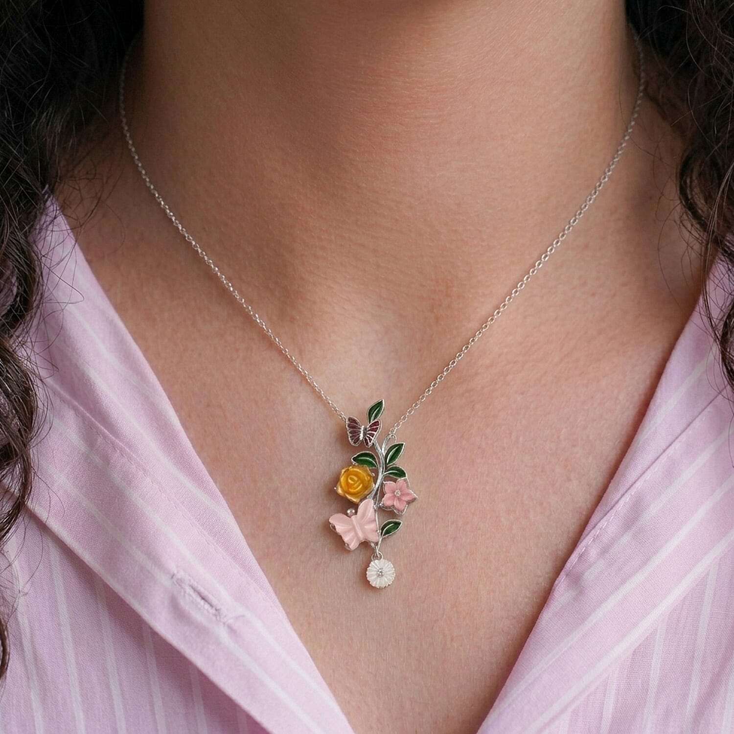 D'Joy Jardin Collection - Yellow Mother of Pearl & Multi Gemstone Floral Butterfly Pendant with Chain (Size 18) in Rhodium Overlay Sterling Silver