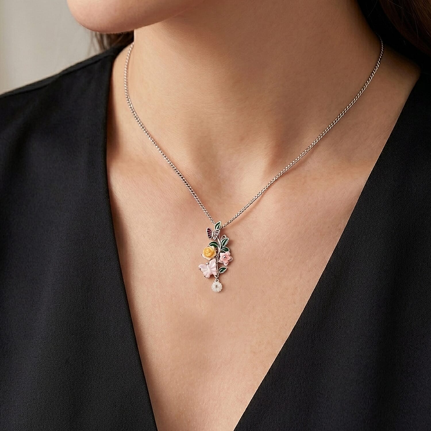 D'Joy Jardin Collection - Yellow Mother of Pearl & Multi Gemstone Floral Butterfly Pendant with Chain (Size 18) in Rhodium Overlay Sterling Silver