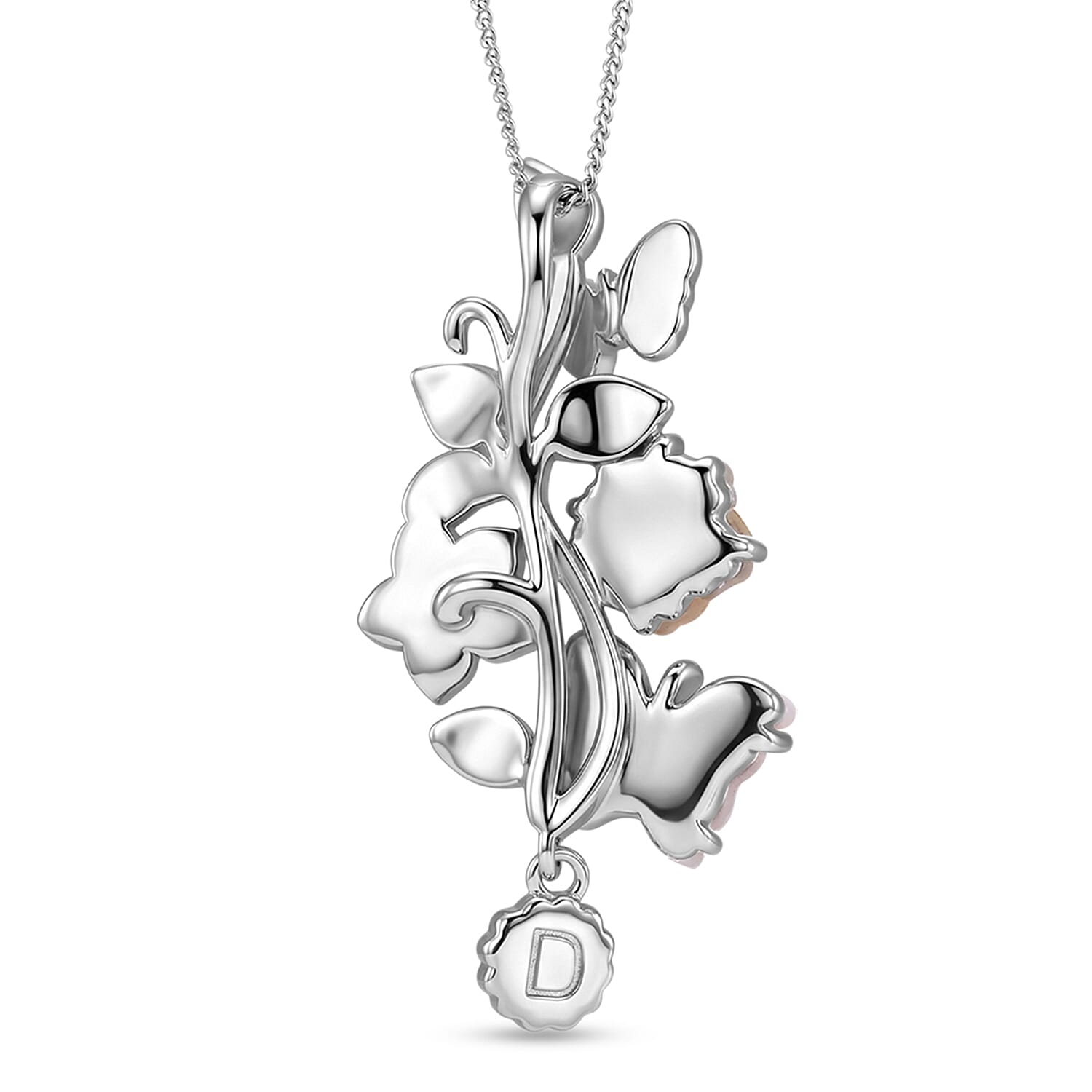 D'Joy Jardin Collection - Yellow Mother of Pearl & Multi Gemstone Floral Butterfly Pendant with Chain (Size 18) in Rhodium Overlay Sterling Silver