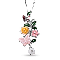 Pink Mother Of Pearl & Multi Gemstone Floral Drop Pendant with Chain (Size 18) in Rhodium Overlay Sterling Silver 7.40 Ct.