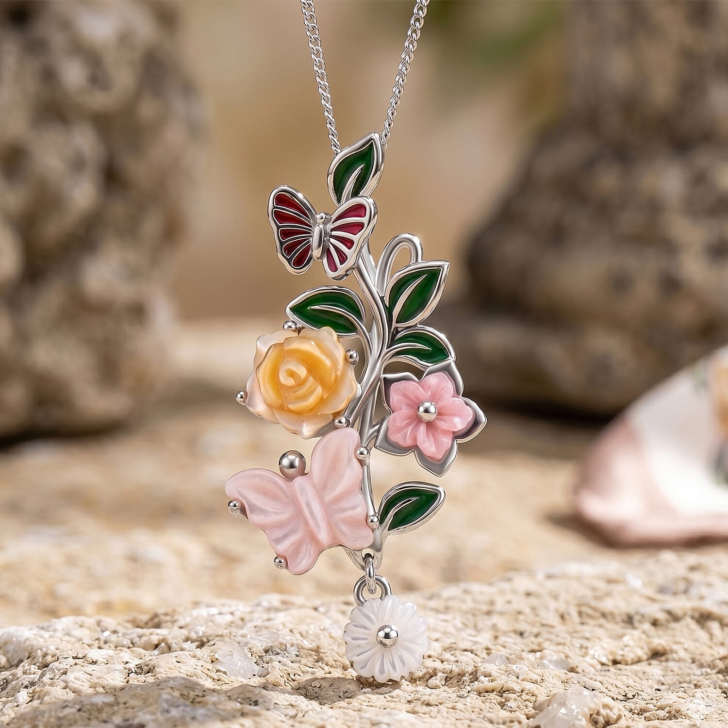 Yellow Mother Of Pearl & Multi Gemstone Floral Butterfly Pendant with Chain (Size 18) in Rhodium Overlay Sterling Silver 2.80 Ct.