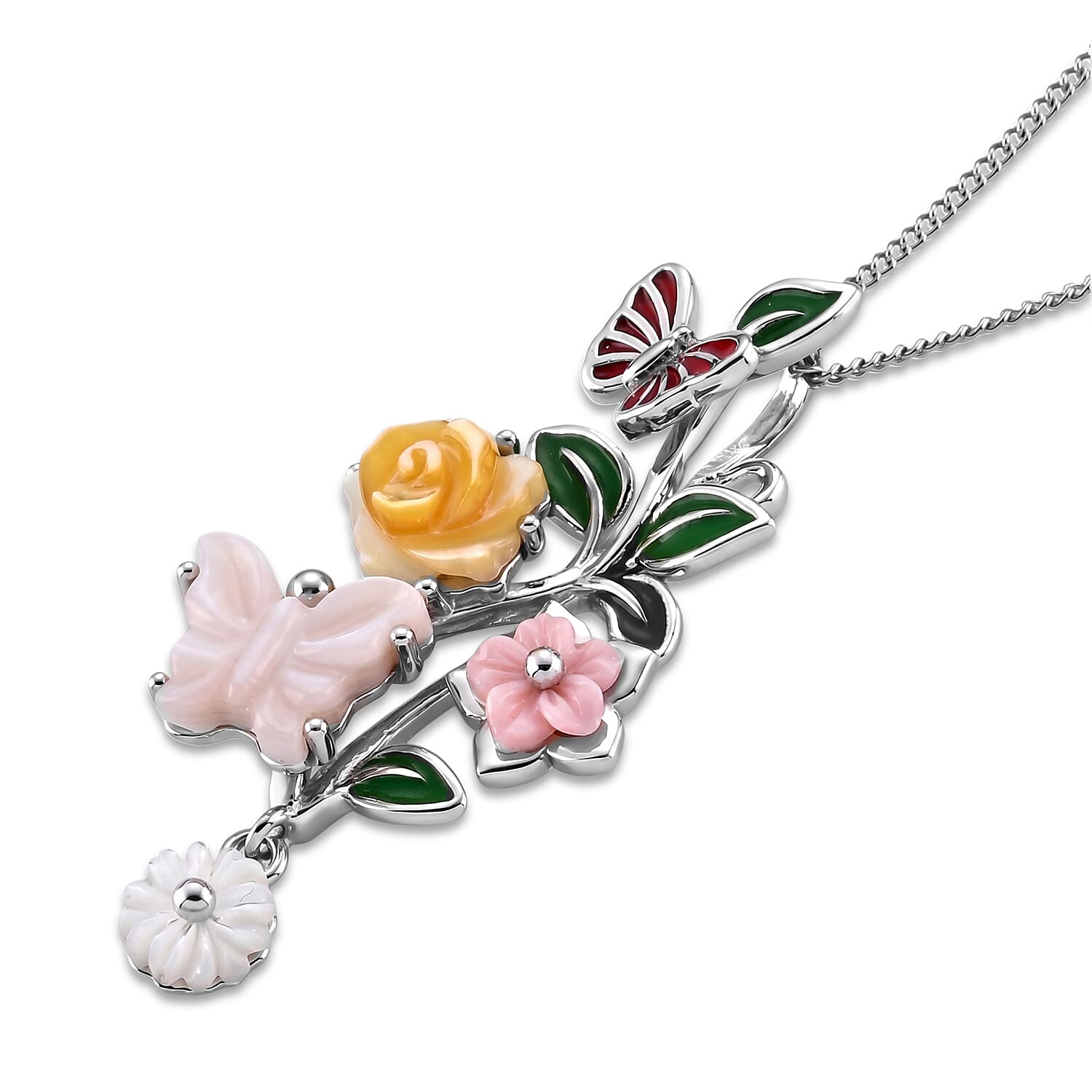 Yellow Mother Of Pearl & Multi Gemstone Floral Butterfly Pendant with Chain (Size 18) in Rhodium Overlay Sterling Silver 2.80 Ct.