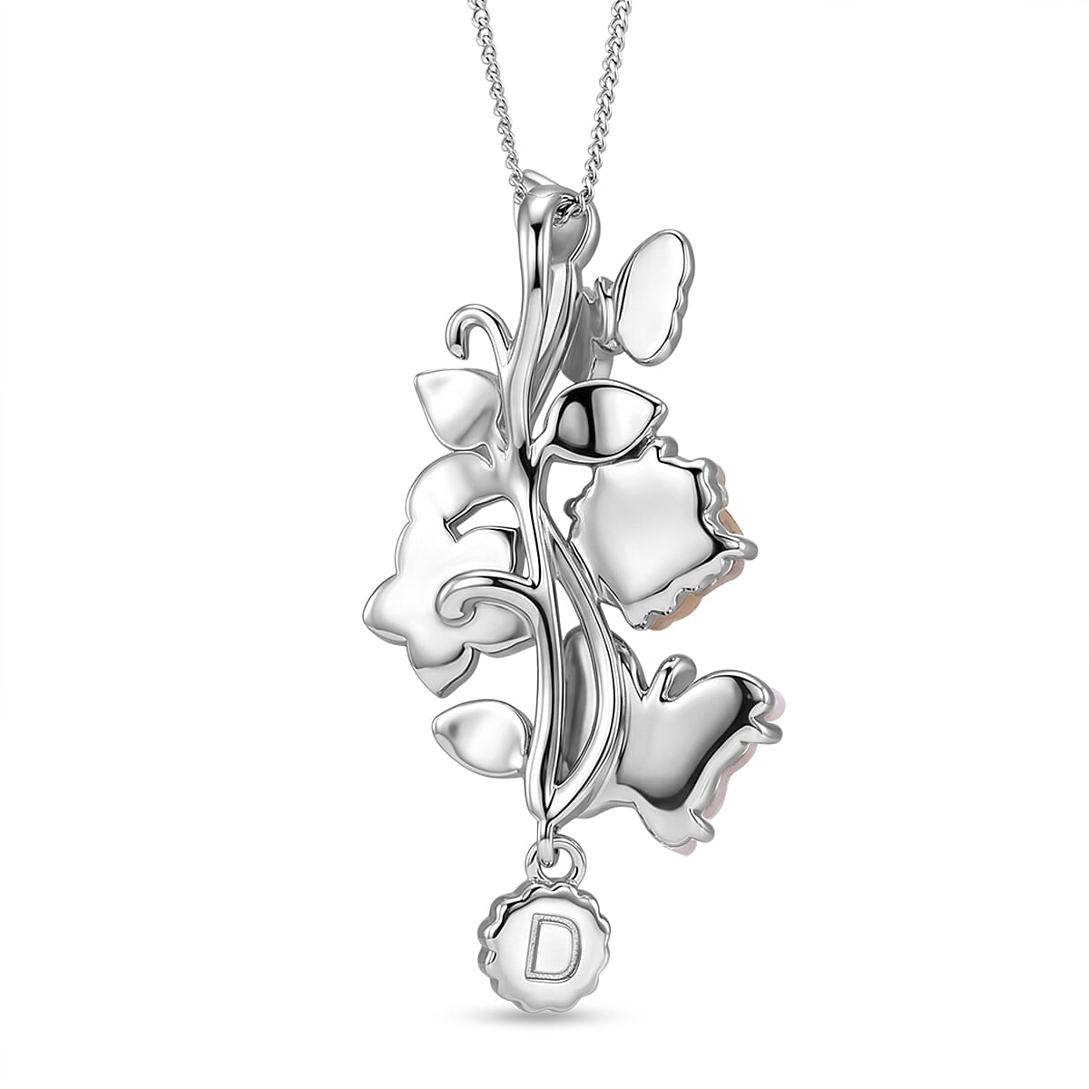 Yellow Mother Of Pearl & Multi Gemstone Floral Butterfly Pendant with Chain (Size 18) in Rhodium Overlay Sterling Silver 2.80 Ct.