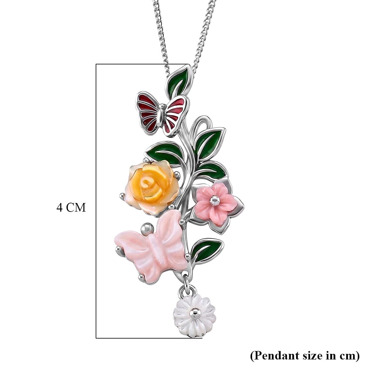 Yellow Mother Of Pearl & Multi Gemstone Floral Butterfly Pendant with Chain (Size 18) in Rhodium Overlay Sterling Silver 2.80 Ct.