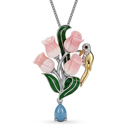 Multi-Gemstone Floral Drop Pendant with Chain (Size 18) in Rhodium Overlay Sterling Silver 5.38 Ct.