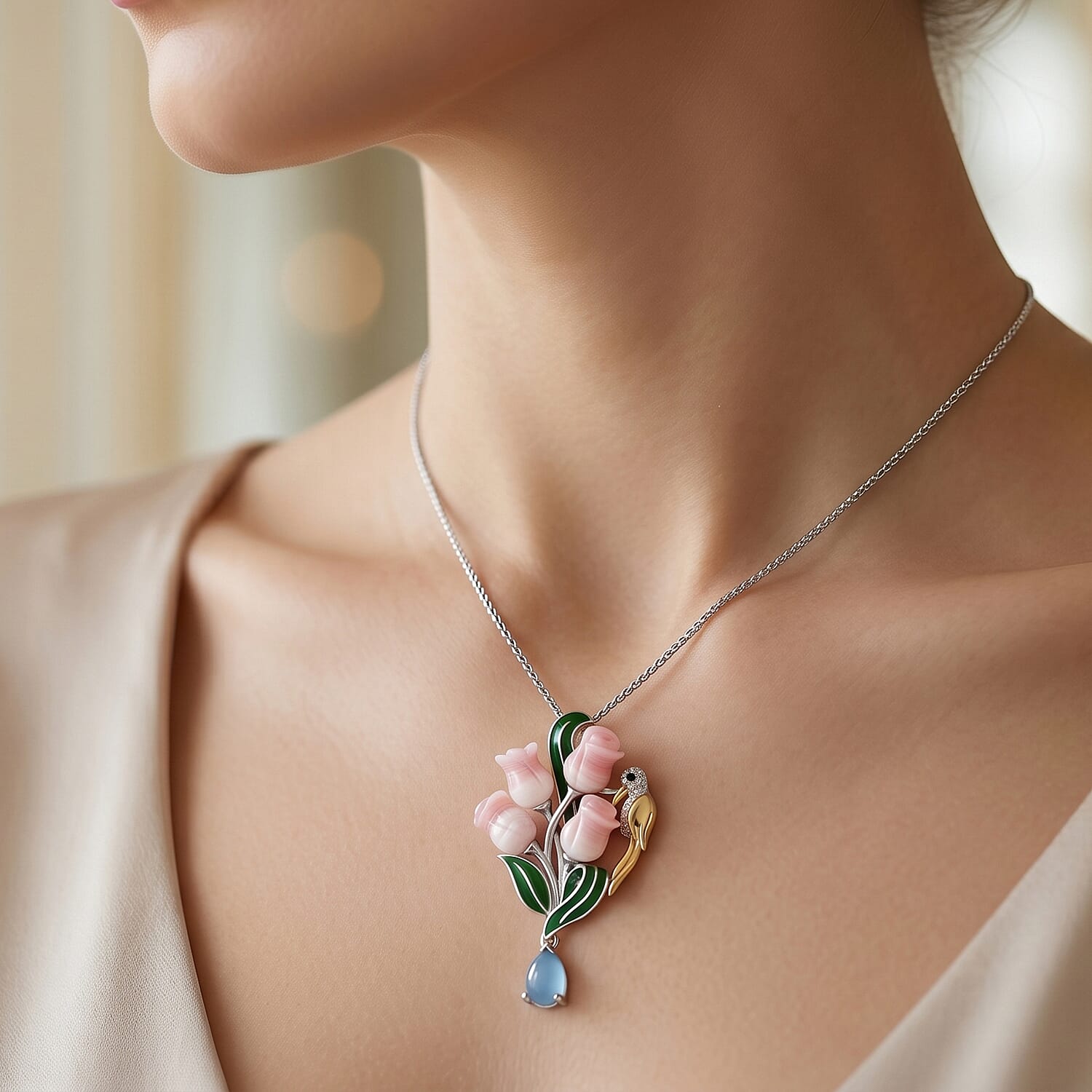 Multi-Gemstone Floral Drop Pendant with Chain (Size 18) in Rhodium Overlay Sterling Silver 5.38 Ct.