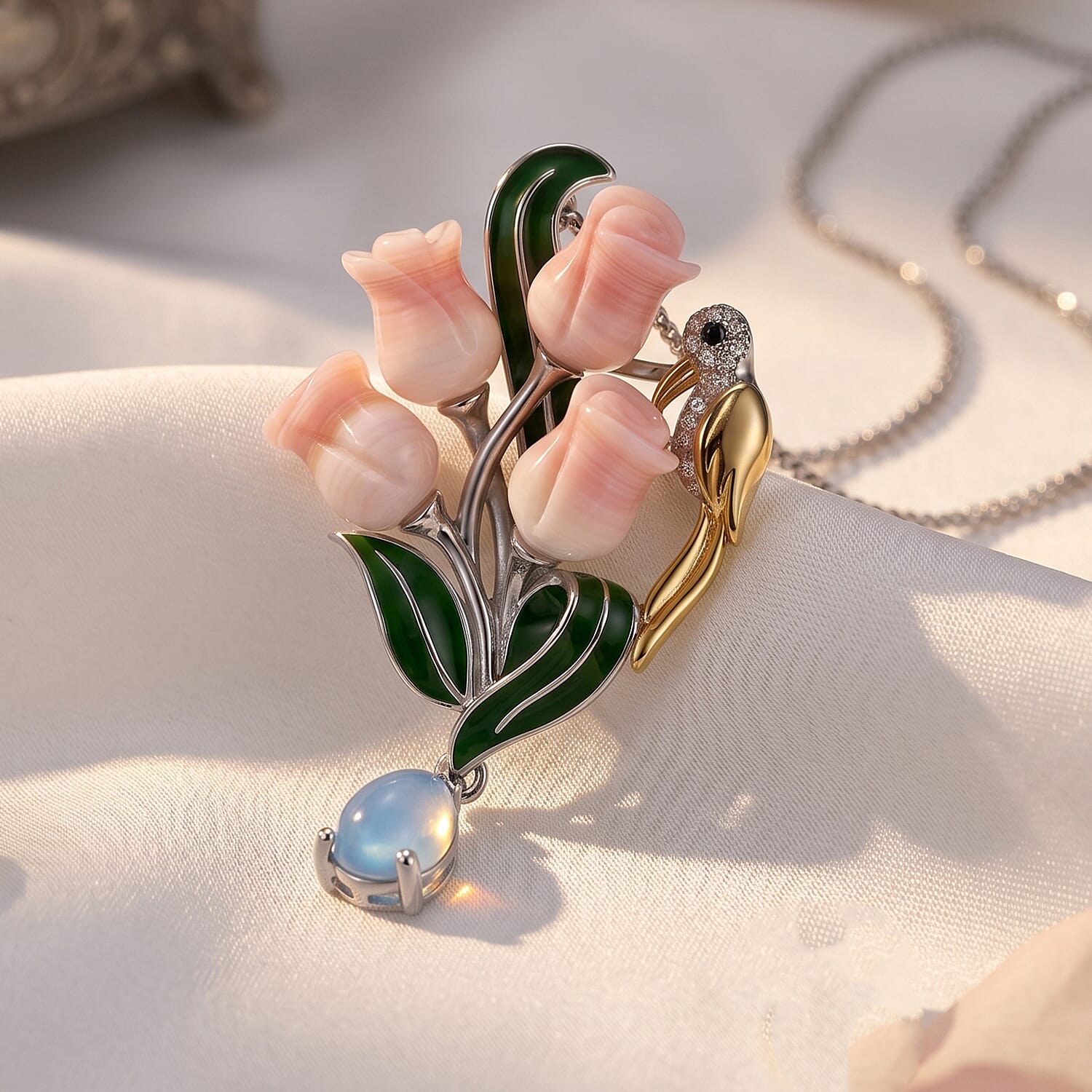 Multi-Gemstone Floral Drop Pendant with Chain (Size 18) in Rhodium Overlay Sterling Silver 5.38 Ct.