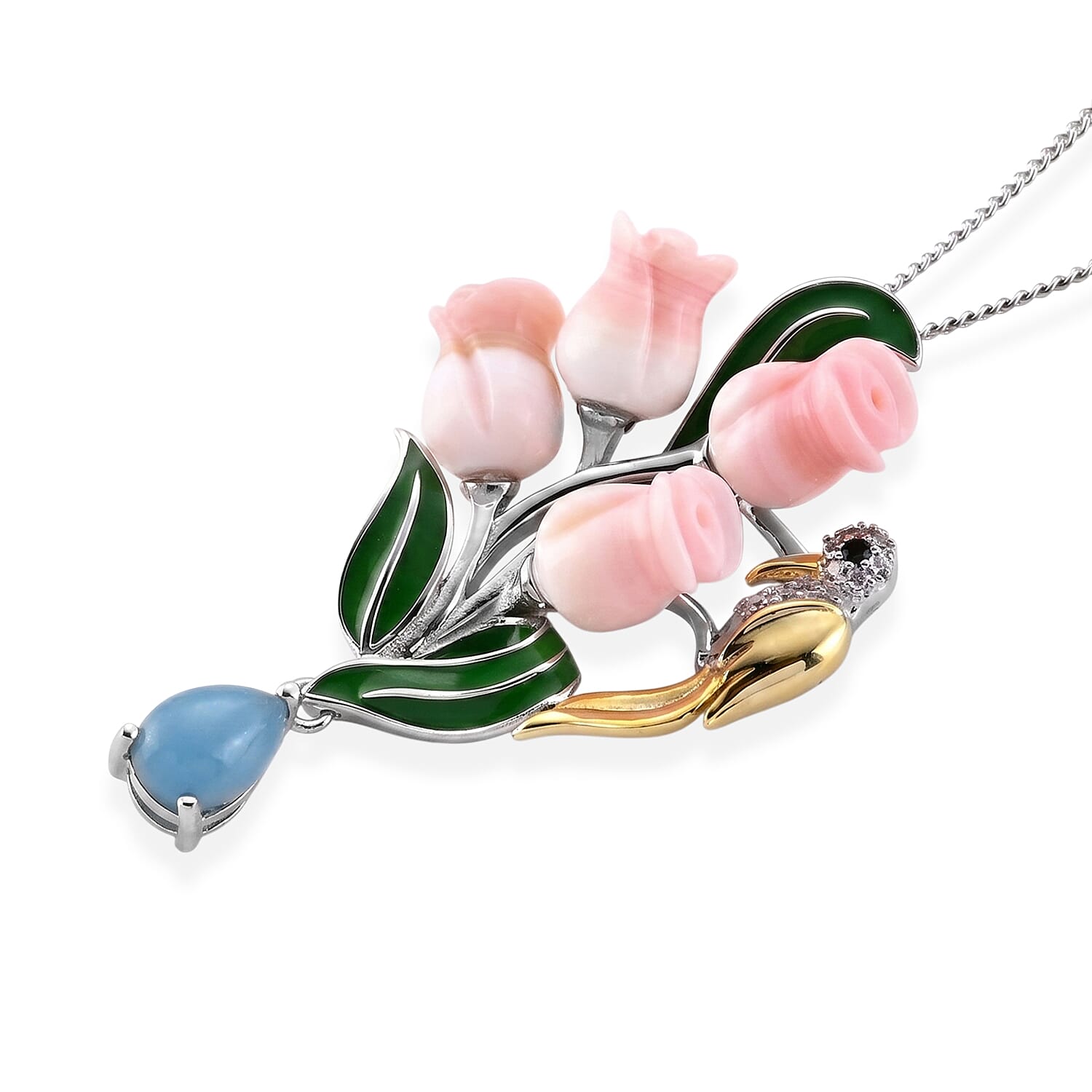 Multi-Gemstone Floral Drop Pendant with Chain (Size 18) in Rhodium Overlay Sterling Silver 5.38 Ct.