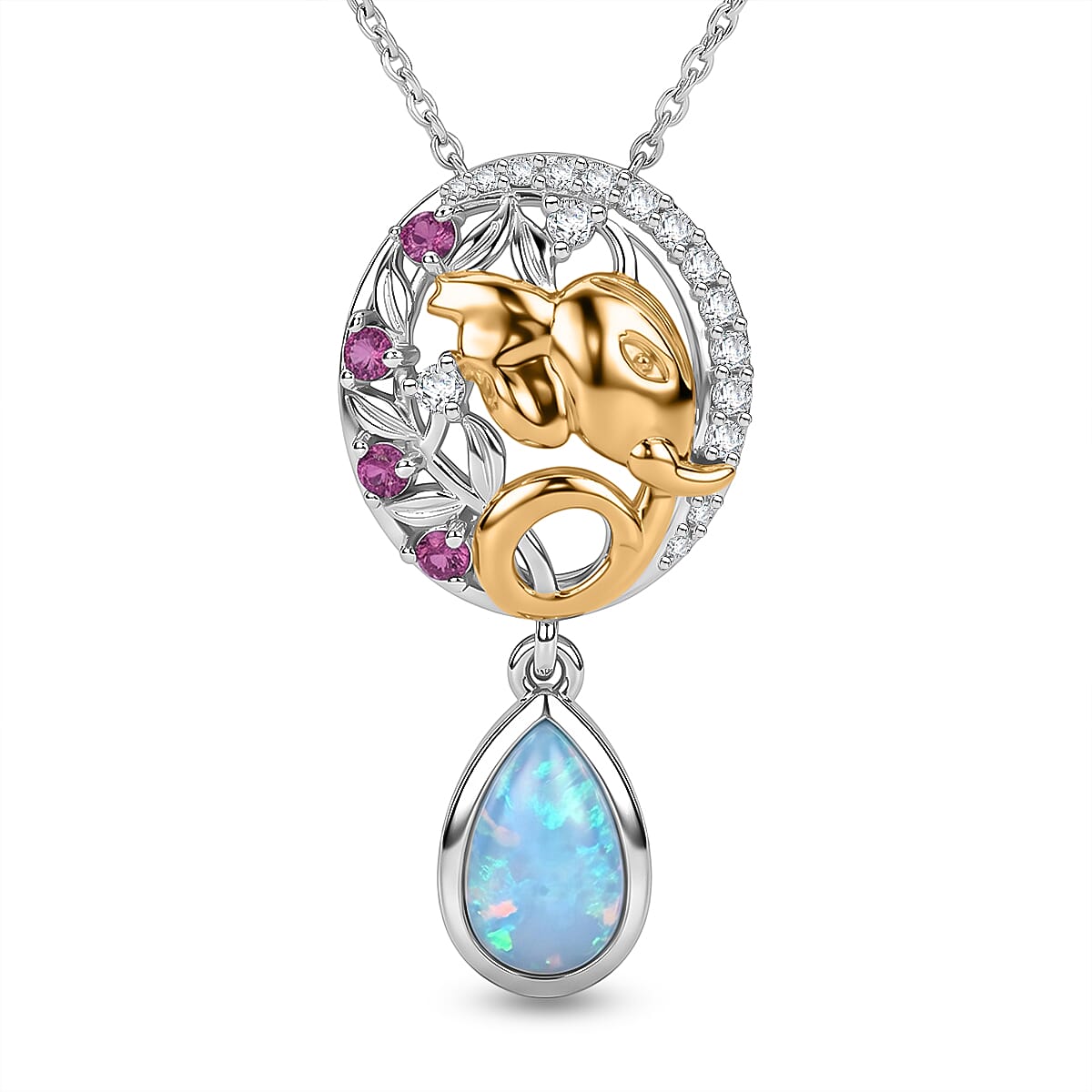 D'Joy - Ethiopian Opal, Rhodolite Garnet & White Zircon Drop Pendant with Chain (Size 20) in Rhodium Overlay Sterling Silver 1.50 Ct.