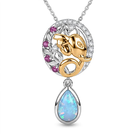 D'Joy - Ethiopian Opal, Rhodolite Garnet & White Zircon Drop Pendant with Chain (Size 20) in Rhodium Overlay Sterling Silver 1.50 Ct.