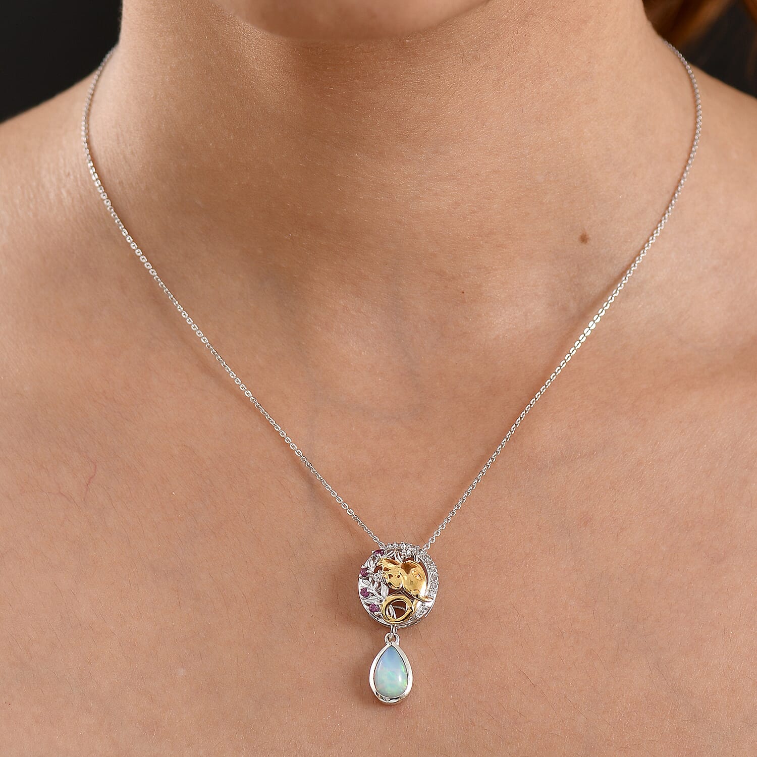 D'Joy - Ethiopian Opal, Rhodolite Garnet & White Zircon Drop Pendant with Chain (Size 20) in Rhodium Overlay Sterling Silver 1.50 Ct.