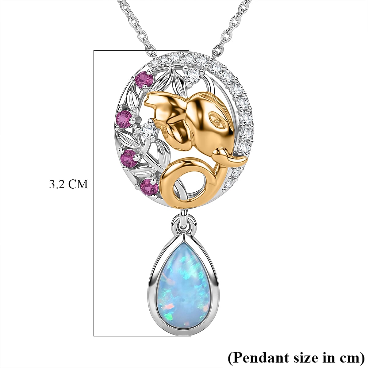 D'Joy - Ethiopian Opal, Rhodolite Garnet & White Zircon Drop Pendant with Chain (Size 20) in Rhodium Overlay Sterling Silver 1.50 Ct.