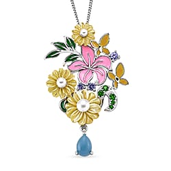 Jardin Collection - Pink Mother Of Pearl & Multi Gemstone Floral Drop Pendant with Chain (Size 18) in Rhodium Overlay Sterling Silver