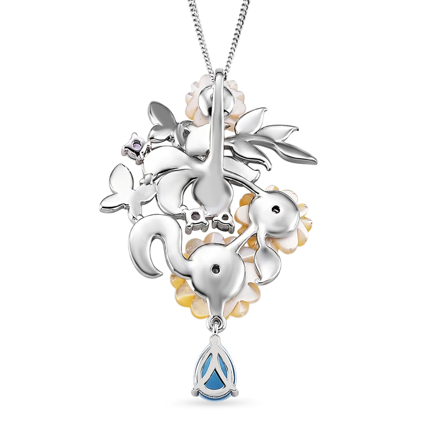 D'Joy Jardin Collection - Yellow Mother Of Pearl & Multi Gemstone Floral Pendant with Chain (Size 18) in Rhodium Overlay Sterling Silver