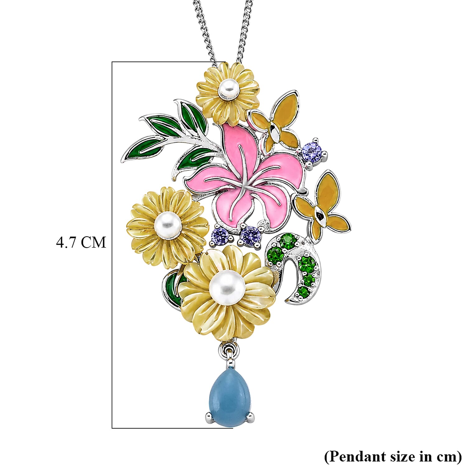 D'Joy Jardin Collection - Yellow Mother Of Pearl & Multi Gemstone Floral Pendant with Chain (Size 18) in Rhodium Overlay Sterling Silver