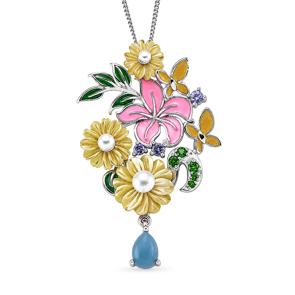 Yellow Mother Of Pearl & Multi Gemstone Floral Pendant with Chain (Size 18) in Rhodium Overlay Sterling Silver 6.90 Ct.