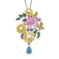 Pink Mother Of Pearl & Multi Gemstone Floral Drop Pendant with Chain (Size 18) in Rhodium Overlay Sterling Silver 7.40 Ct.