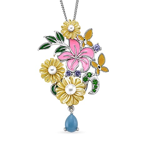 Yellow Mother Of Pearl & Multi Gemstone Floral Pendant with Chain (Size 18) in Rhodium Overlay Sterling Silver 6.90 Ct.