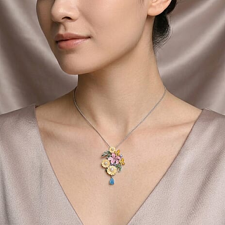 D'Joy Jardin Collection - Yellow Mother Of Pearl & Multi Gemstone Floral Pendant with Chain (Size 18) in Rhodium Overlay Sterling Silver