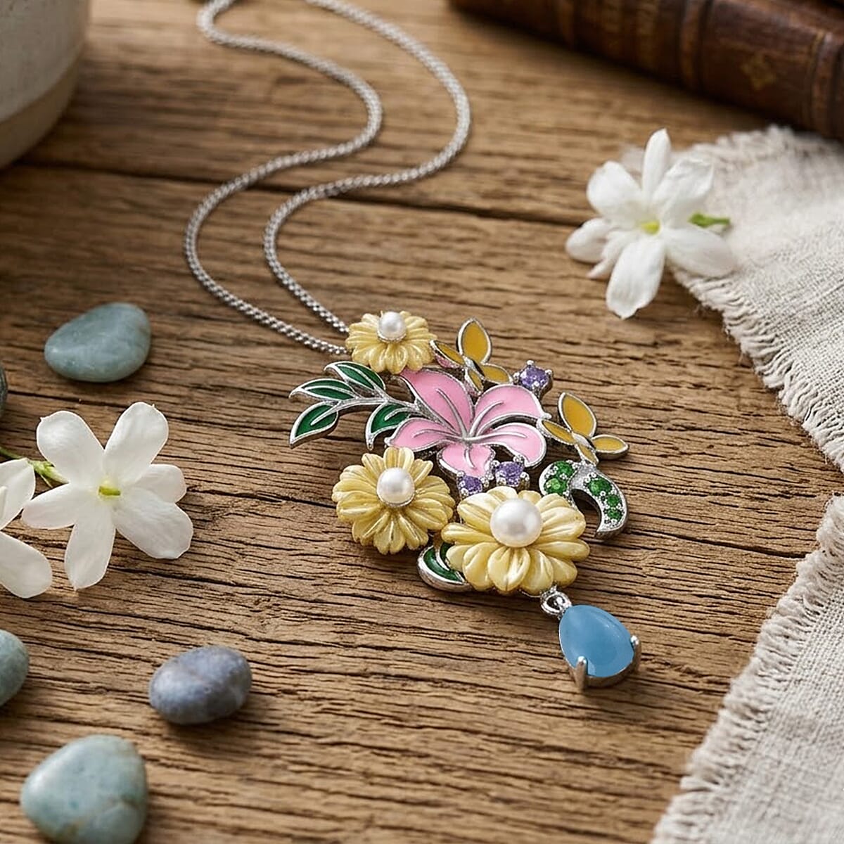 Yellow Mother Of Pearl & Multi Gemstone Floral Pendant with Chain (Size 18) in Rhodium Overlay Sterling Silver 6.90 Ct.