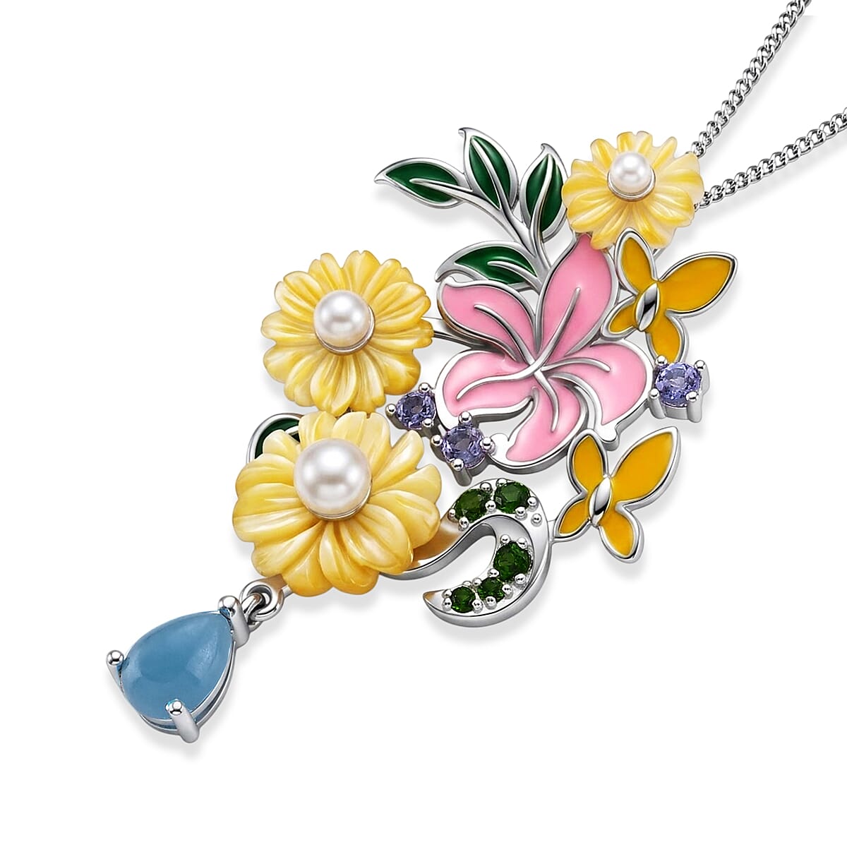 Yellow Mother Of Pearl & Multi Gemstone Floral Pendant with Chain (Size 18) in Rhodium Overlay Sterling Silver 6.90 Ct.