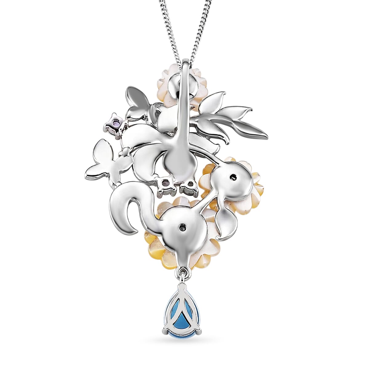 Yellow Mother Of Pearl & Multi Gemstone Floral Pendant with Chain (Size 18) in Rhodium Overlay Sterling Silver 6.90 Ct.