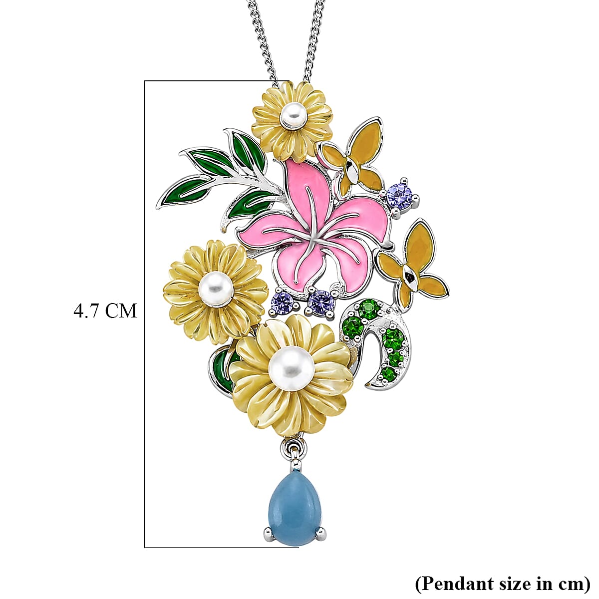 Yellow Mother Of Pearl & Multi Gemstone Floral Pendant with Chain (Size 18) in Rhodium Overlay Sterling Silver 6.90 Ct.