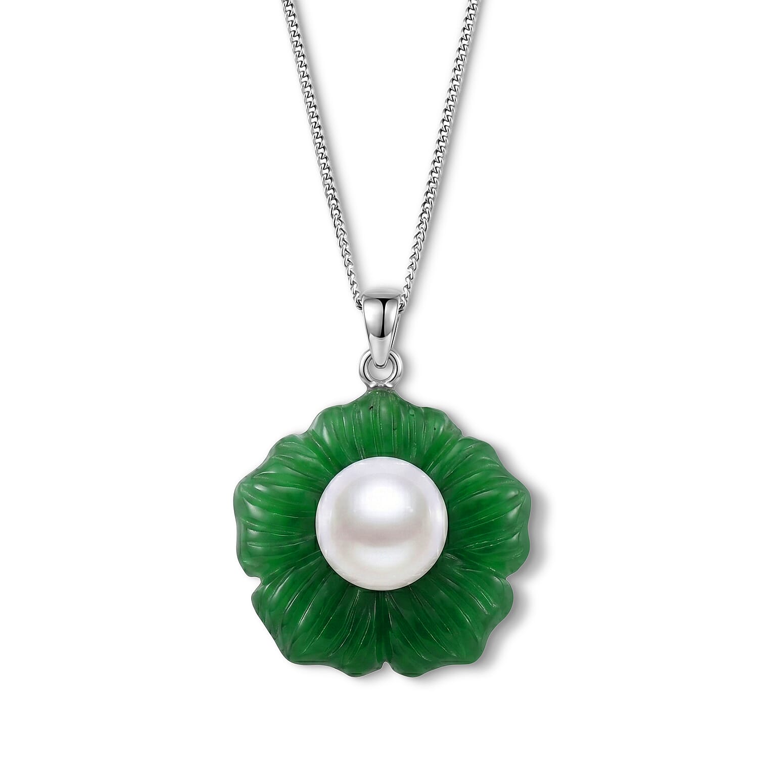 D'Joy - White Edison Pearl (10-11mm) & Dyed Green Jade Booming Flower Pendant with Chain (Size 18) in Rhodium Overlay Sterling Silver 31.70 Ct.