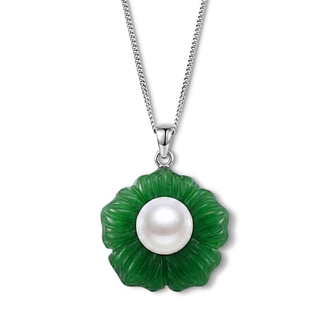 D'Joy - White Edison Pearl (10-11mm) & Dyed Green Jade Booming Flower Pendant with Chain (Size 18) in Rhodium Overlay Sterling Silver 31.70 Ct.