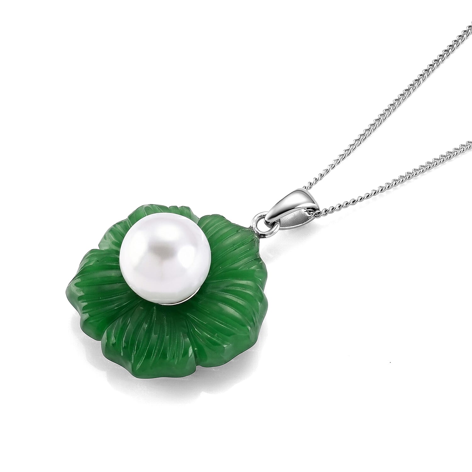 D'Joy - White Edison Pearl (10-11mm) & Dyed Green Jade Booming Flower Pendant with Chain (Size 18) in Rhodium Overlay Sterling Silver 31.70 Ct.