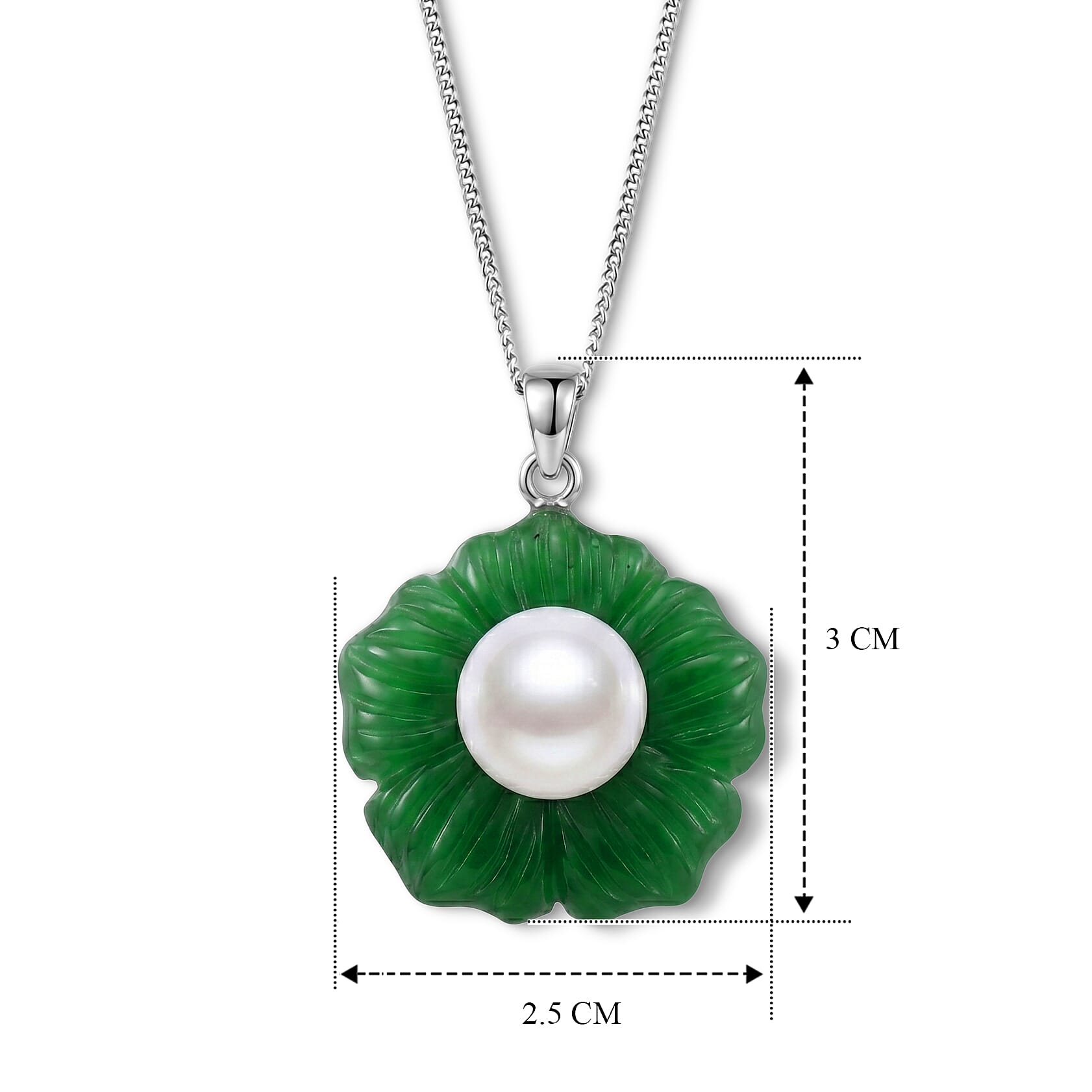 D'Joy - White Edison Pearl (10-11mm) & Dyed Green Jade Booming Flower Pendant with Chain (Size 18) in Rhodium Overlay Sterling Silver 31.70 Ct.