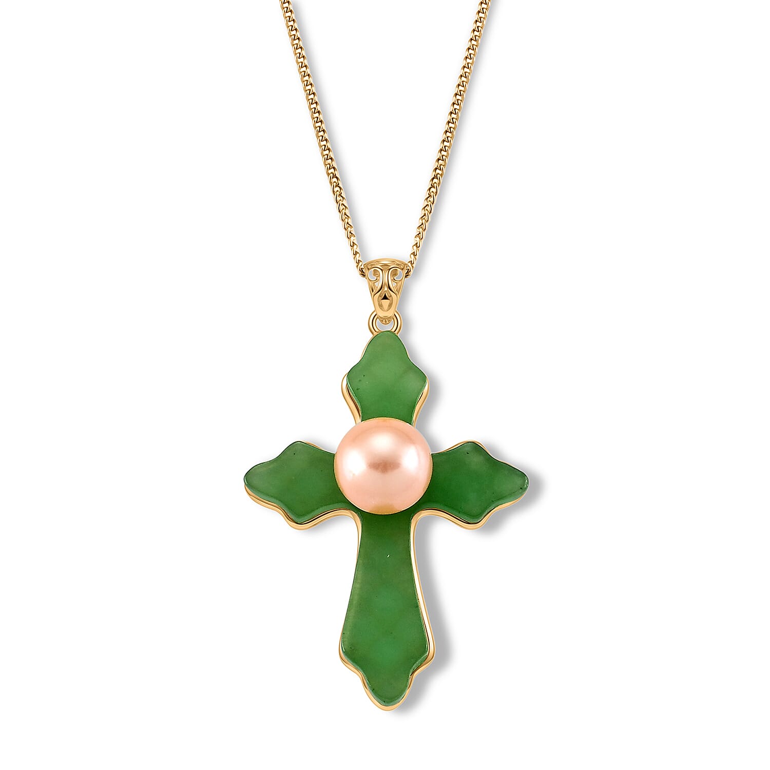 D'Joy - Peach Edison Pearl (9-10mm) & Dyed Green Jade Cross Pendant with Chain (Size 18) in Yellow Gold Plated Sterling Silver 16.70 Ct.
