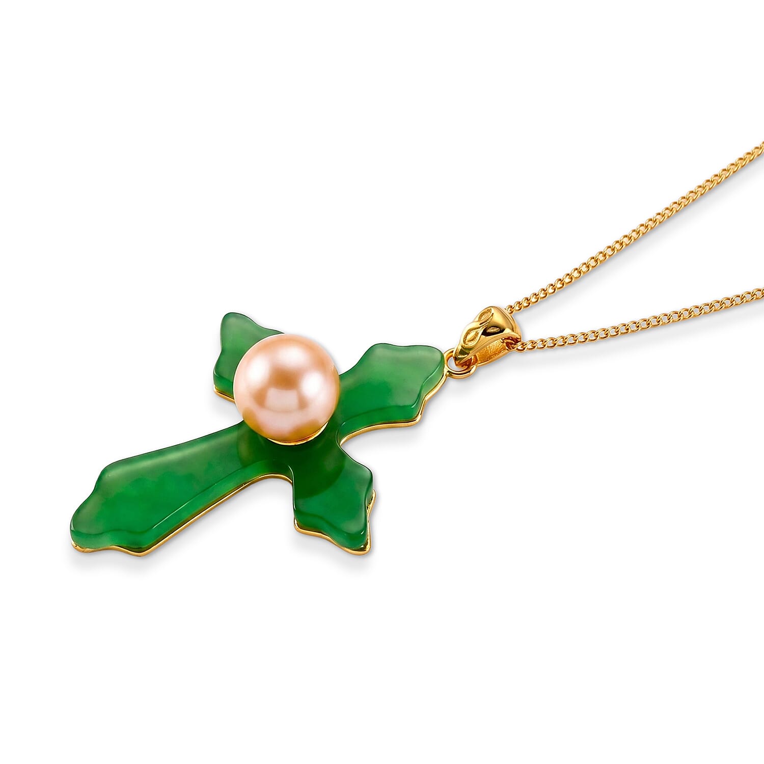 D'Joy - Peach Edison Pearl (9-10mm) & Dyed Green Jade Cross Pendant with Chain (Size 18) in Yellow Gold Plated Sterling Silver 16.70 Ct.