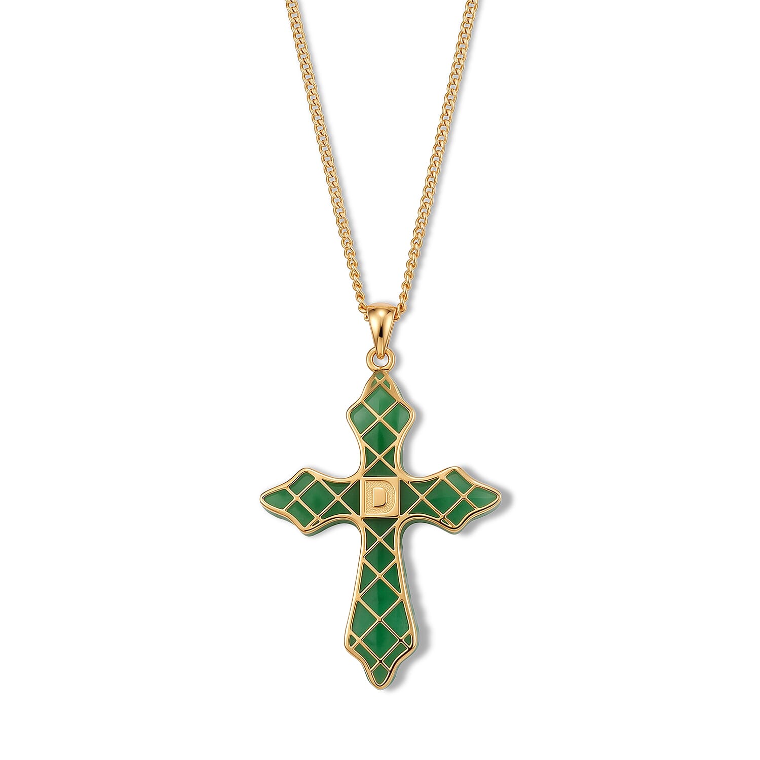 D'Joy - Peach Edison Pearl (9-10mm) & Dyed Green Jade Cross Pendant with Chain (Size 18) in Yellow Gold Plated Sterling Silver 16.70 Ct.