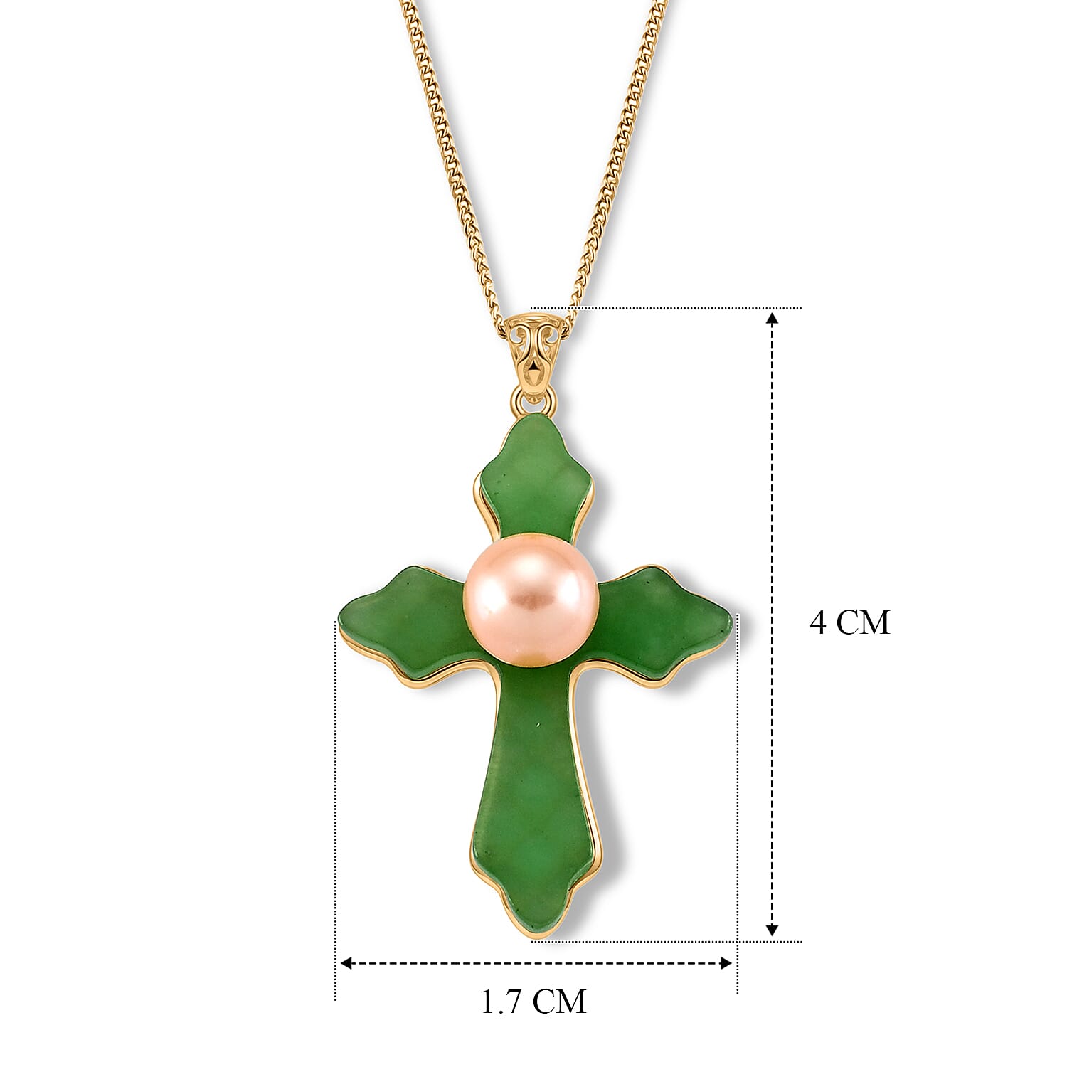 D'Joy - Peach Edison Pearl (9-10mm) & Dyed Green Jade Cross Pendant with Chain (Size 18) in Yellow Gold Plated Sterling Silver 16.70 Ct.