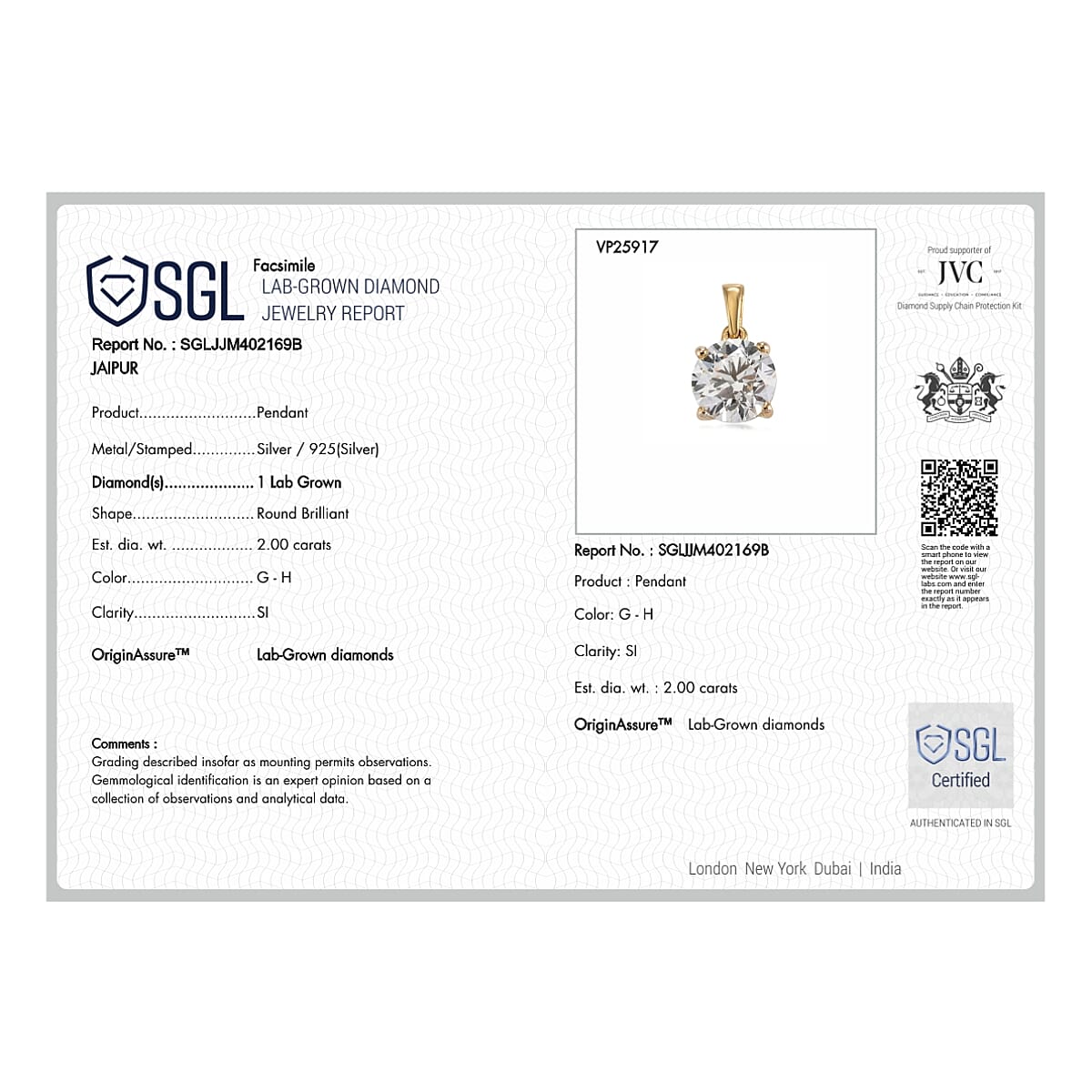 Luxuriant - SGL Certified Lab Grown Diamond (SI-G-H) Pendant with Chain (Size 20) in 18K Vermeil Yellow Gold Plated Sterling Silver 2.00 Ct.